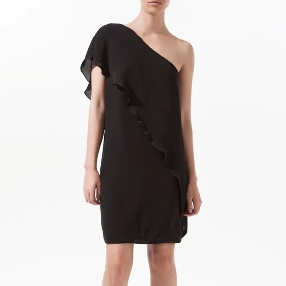 zara black one shoulder ruffle dress One Shoulder Sheath Dress with Ruffle